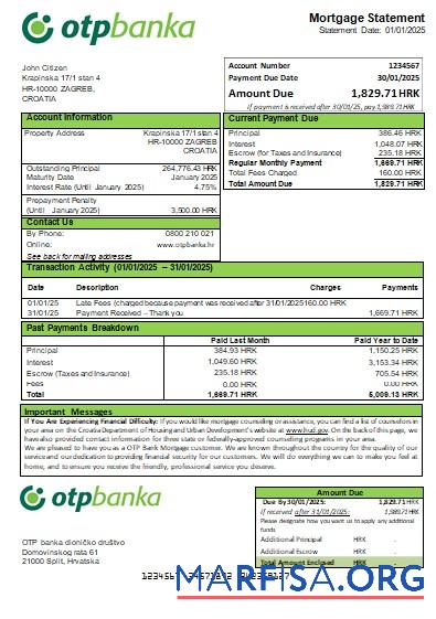 Printable Croatia OTP Bank mortgage statement scr real example